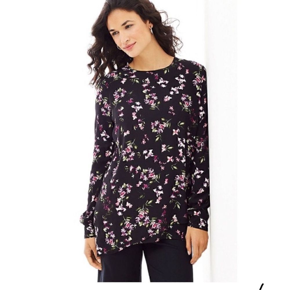 J.Jill asymmetrical floral print black long sleeve blouse large petite flowy